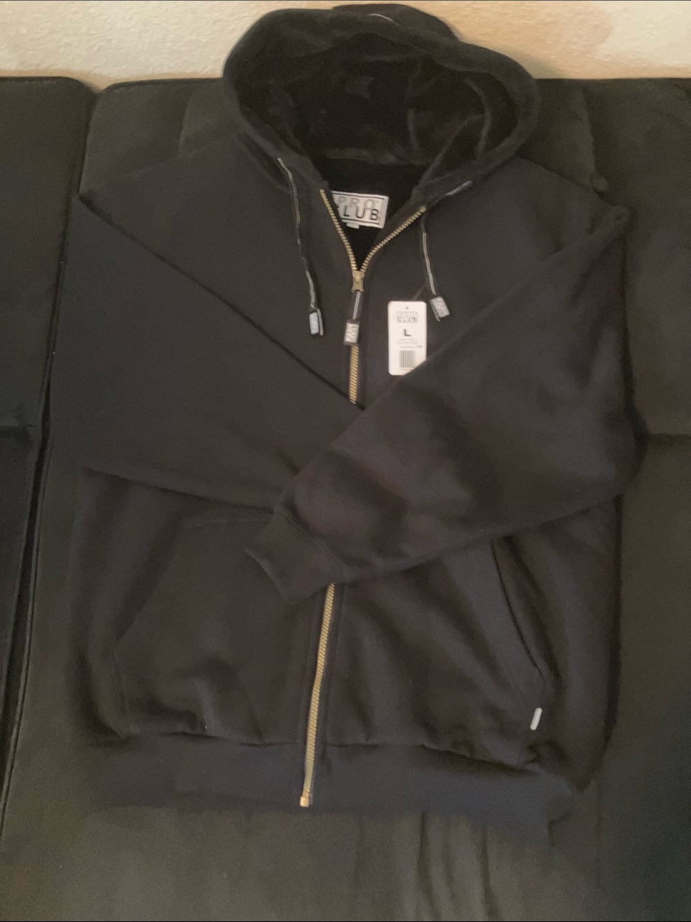 Men's Black Full-Zip Hooded Sweater with Gold Zipper - L